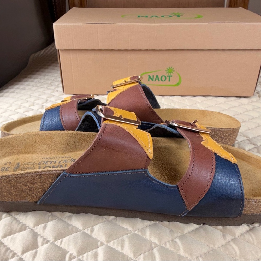 Naot San Diego Slide Sandals in Brown, Mustard, and Navy, Size 7/38 EU, NWB - Picture 6 of 14